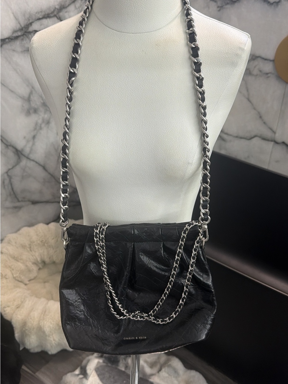 Charles & Keith Black Quilted Shoulder Bag with Silver Chain
